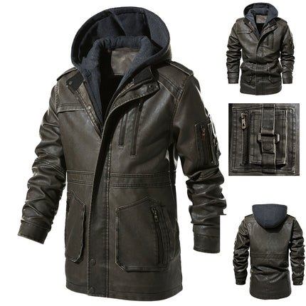 Wholesale Men's Classic Retro Mid-Length Hooded Leather Jacket