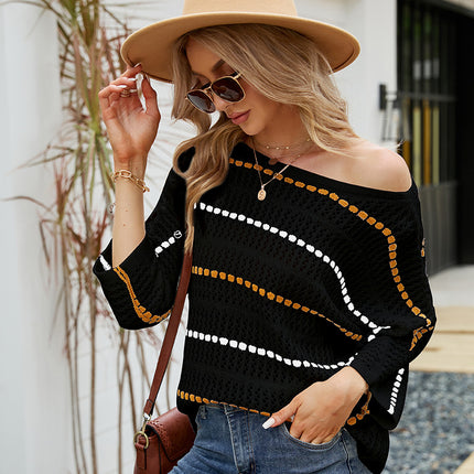 Wholesale Women's Loose Off Shoulder Hollow Striped Sweater