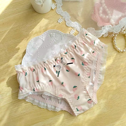 Wholesale Girls Cute Yummy Strawberry Print Lace-up Mid-low Waist Briefs