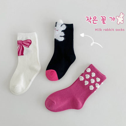 Wholesale 3 Paris of Children's Fall Cherry Flower Mid-calf Socks