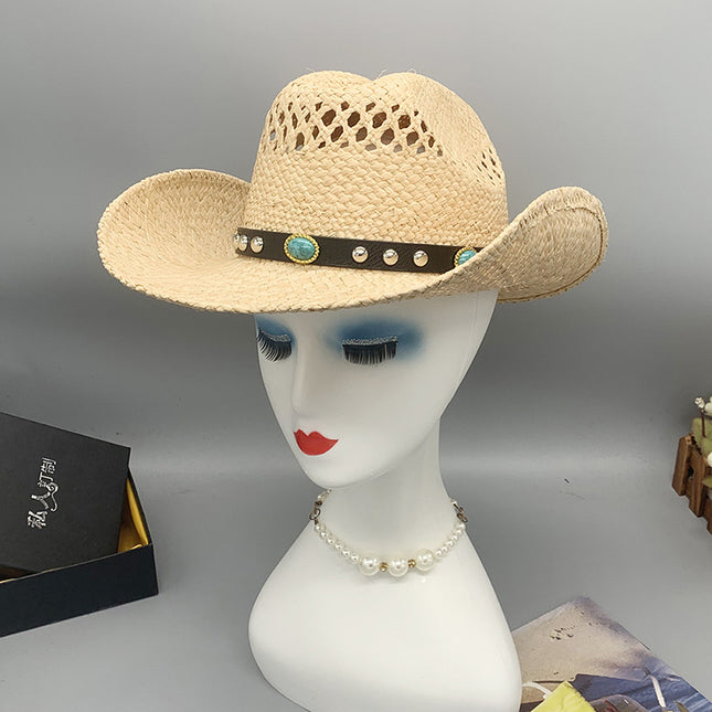 Wholesale Western Cowboy Hat Travel Sun Protection Hat Raffia Hand-knitted Curly Hat 