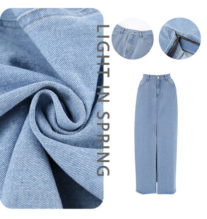 Wholesale Women's High Waist Denim Blue Spring Summer Slit Long Skirt Retro Skirt