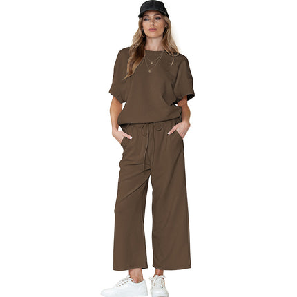 Wholesale Women's Summer Loose Texture Thin Top Drawstring Pants Two Piece Set