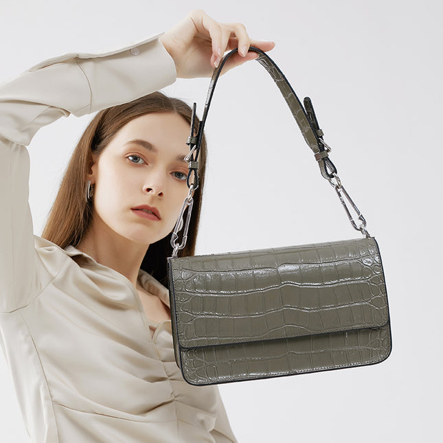 Women's Fashion Genuine Leather Bag Crocodile Pattern Crossbody Bag Premium One-Shoulder Baguette Bag 