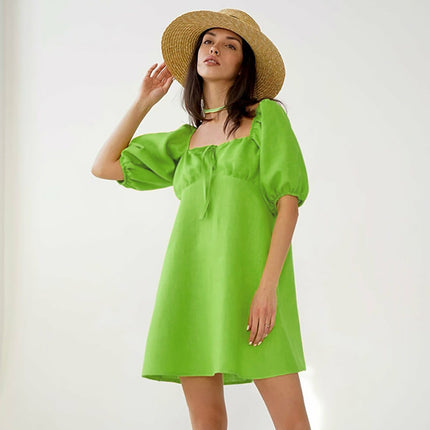 Wholesale Ladies Cotton Short Sleeve Dress Women's Summer Solid Color A-Line Dress