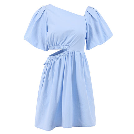 Wholesale Ladies Summer Cotton Puff Sleeve Blue Dress Short Sleeve Open Waist A Line Dress