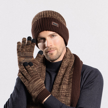 Winter Outdoor Velvet Warm Ear Protection Knitted Hat, Gloves and Scarf Three-piece Set