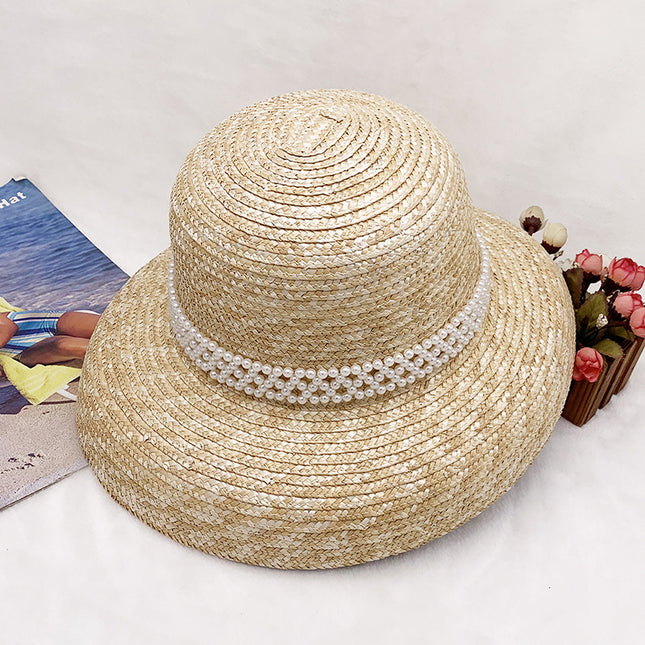 Wholesale Pearl Decorated Sun Shade Curved Brim Big Straw Hat 