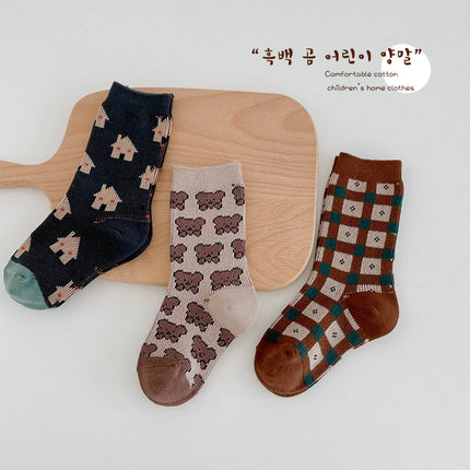 Wholesale 3 Pairs Kids Bear Plaid Mid-calf Combed Cotton Socks