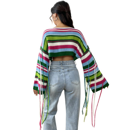 Wholesale Women's Rainbow Striped Fringe Sexy Short Navel-baring Sweater