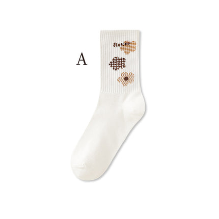 Women's Fall Winter Striped Cotton Pile Socks Plaid Smiley Mid-calf Socks 