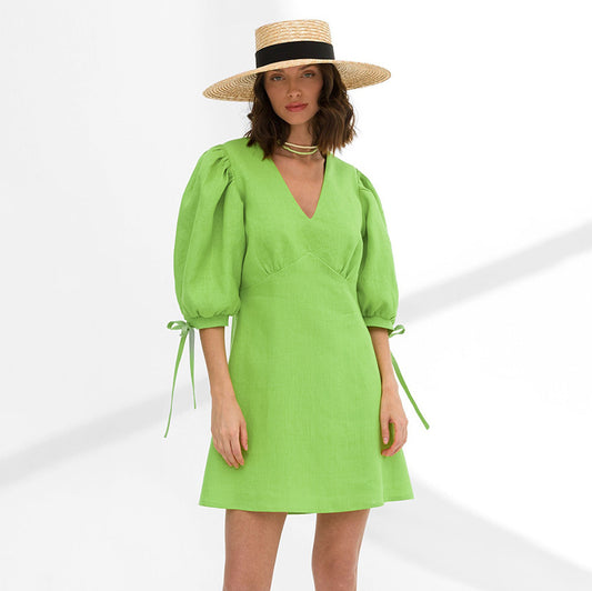 Wholesale Women's Puff Sleeve Cotton Linen Summer Fashion Green A-Line Mini Dress