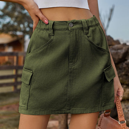 Wholesale Women's Washed Elastic Waist Denim Mini Cargo Skirt