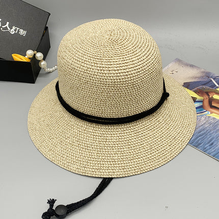 Women's Foldable Adjustable Windproof Rope Bucket Hat Spring Summer Sunshade Straw Hat