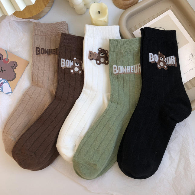 Wholesale Women's Fall Winter Cotton Embroidered Cartoon Bear Mid-calf Socks