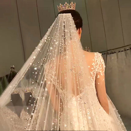 Bridal Sparkling Pearl and Rhinestone Trailing Veil