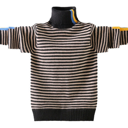 Wholesale Boys Fall Winter Striped Contrast Color Thickened Turtle Collar Knitted Sweater
