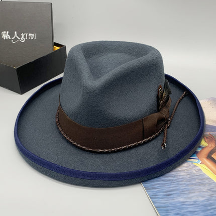 Wholesale Men's Wool Felt Hat Wide Brim Cuffed Wool Jazz Hat Cowboy Hat 