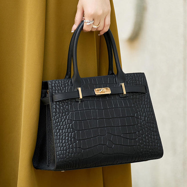 Women's Genuine Leather Handbag Large Capacity Crocodile Pattern Cowhide Crossbody Bag 