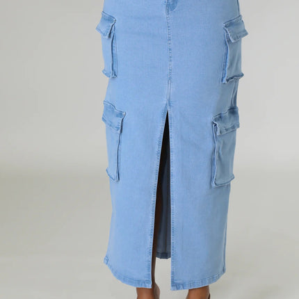 Wholesale Women's Multi-pockets Style Fashionable Stretch Washed Slit Denim Maxi Skirt