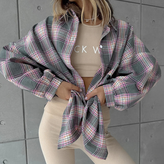 Women's Autumn and Winter Thin Plaid Colorful Check Long Sleeve Shirt