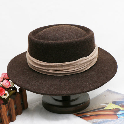 Women's Fall Winter Wool Flat Top Hat British Retro Wide Brim Woolen White Jazz Hat