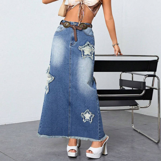 Wholesale Women's Frayed High-waist Slit Raw Edge Maxi Denim Skirt