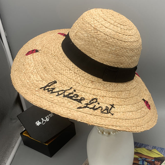 Wholesale Hand Embroidered Raffia Large Straw Hat Wide Brim Folding Sun Hat 