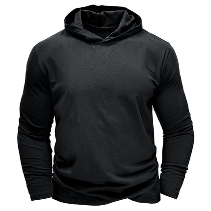 Men's Fall Winter Solid Color Long-sleeved Cotton Hooded T-shirt