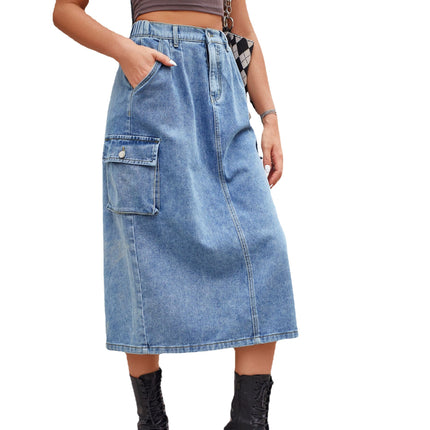 Wholesale Women's Workwear Washed Denim Skirt Mid-length Skirt