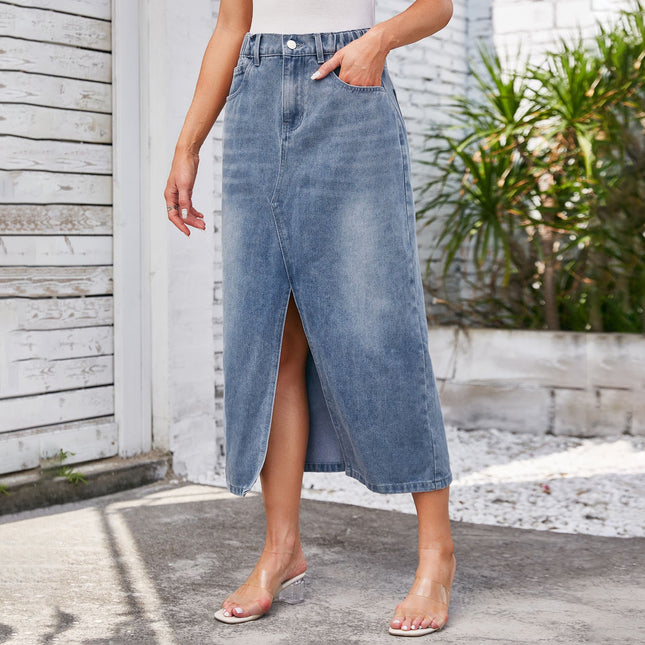 Wholesale Women's Washed Elastic Waist Split Denim Midi Skirt