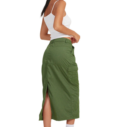 Wholesale Women's Solid Color High Waisted Multi-Pocket Midi Skirt Loose Slit Denim Skirt
