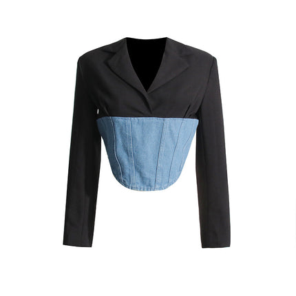 Wholesale Women's Spring Patchwork Denim Slim Back Zipper Blazer