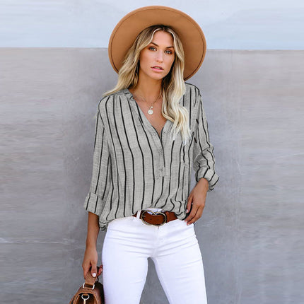 Wholesale Autumn Ladies Striped Shirt Single Breasted Long Sleeve
