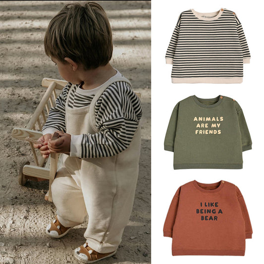 Infant Fall Winter Pullover Baby Letter Stripes Casual Hoodies Top