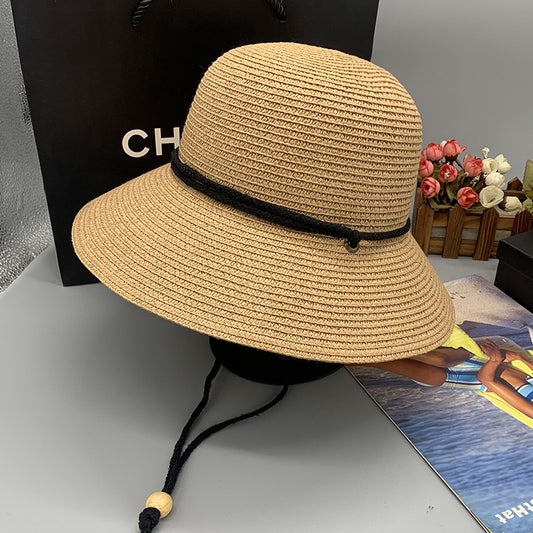 Women's Foldable Adjustable Windproof Rope Bucket Hat Spring Summer Sunshade Straw Hat