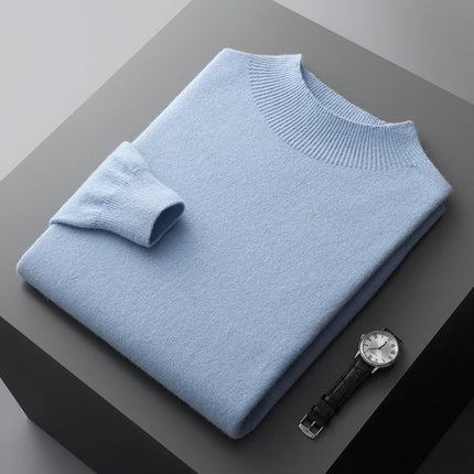 Men's Seamless Half Turtleneck Solid Color Pullover 100% Woolen Sweater