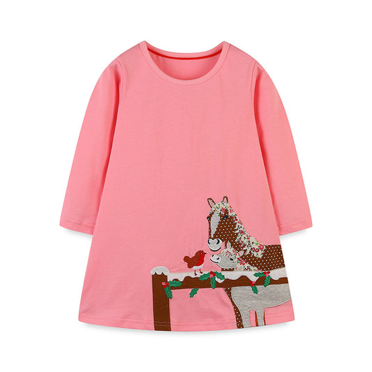 Wholesale Girls Autumn Baby Cute Pony Embroidered A-Line Dress