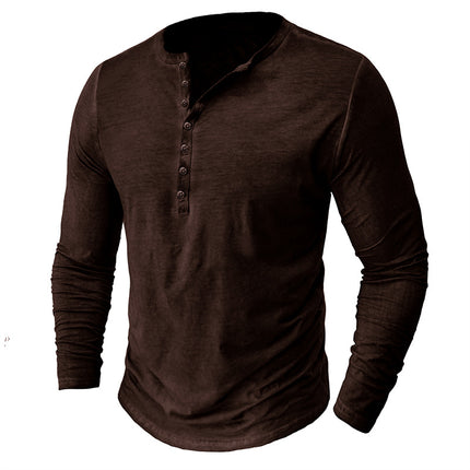 Men's Long Sleeve Henley Button Washed Distressed V-Neck T-Shirt