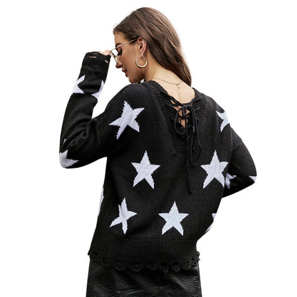 Wholesale Women's Casual Jacquard Drawstring Pullover Sweater