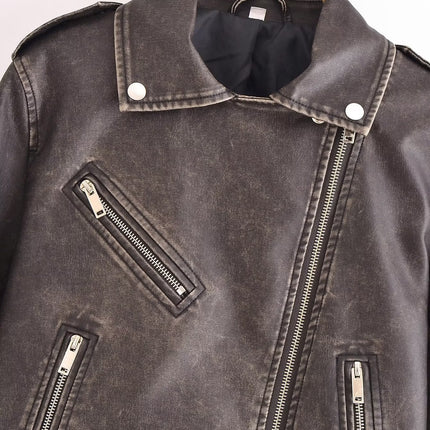 Wholesale Women's Autumn Washed PU Leather Worn Motorcycle Jacket