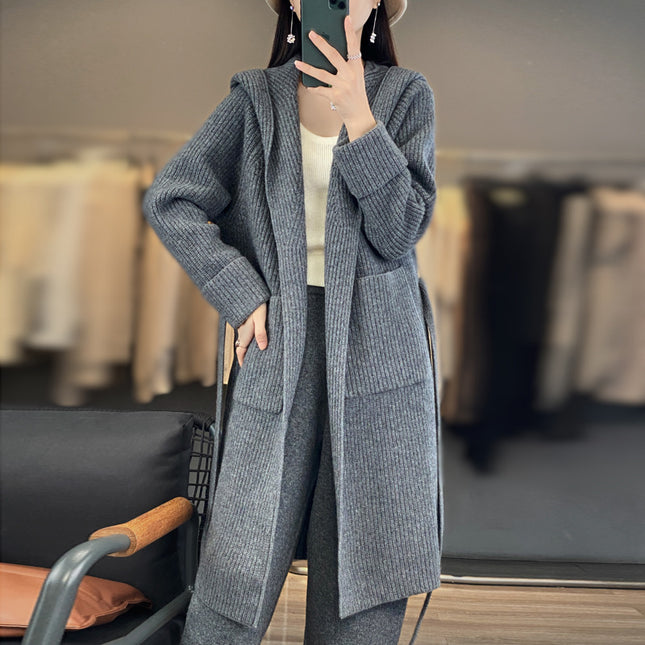 Wholesale Women's Thickened Hooded 100% Wool Sweater Mid-length Coat
