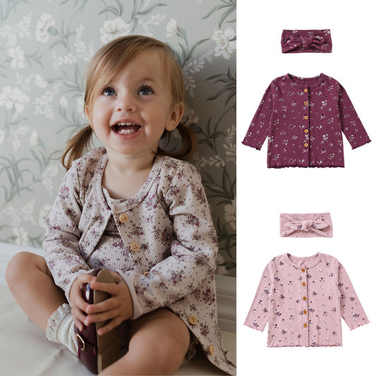 Wholesale Infant Long-sleeved Cardigan Coat Spring Baby Floral Coat & Hairsband