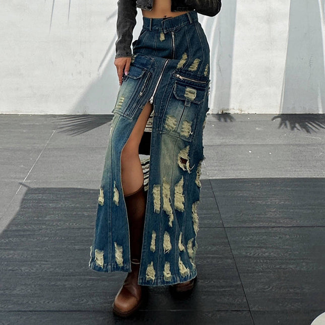 Wholesale Women's Denim Slit Frayed High Waist A-line Skirt