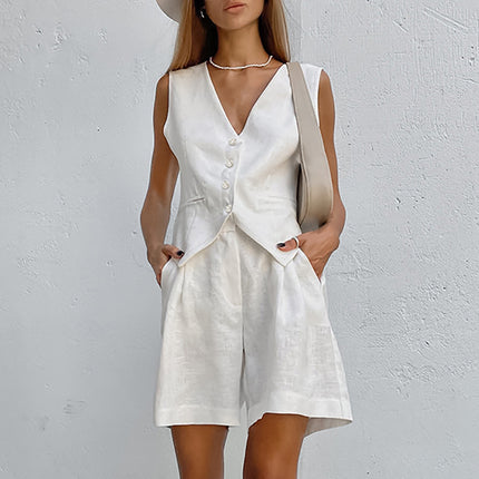 Wholesale Ladies Summer Cotton Blazer Vest Shorts Two Piece Set
