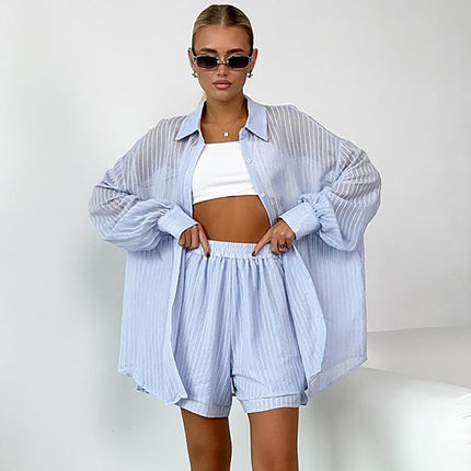 Wholesale Women's Summer Fashion Casual Long-sleeved Cardigan Wide Leg Shorts Two-piece Set