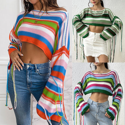 Wholesale Women's Rainbow Striped Fringe Sexy Short Navel-baring Sweater