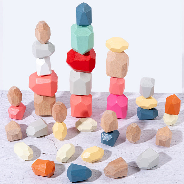 Wholesale Children's Wooden Colorful Stone Puzzle Building Blocks Stacked Stones