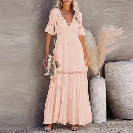 Wholesale Ladies Summer Short Sleeve Dress Solid Color Lace V Neck Long Dress