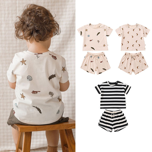 Wholesale Toddler Baby Summer Cotton Print  Short Sleeves Shorts Set